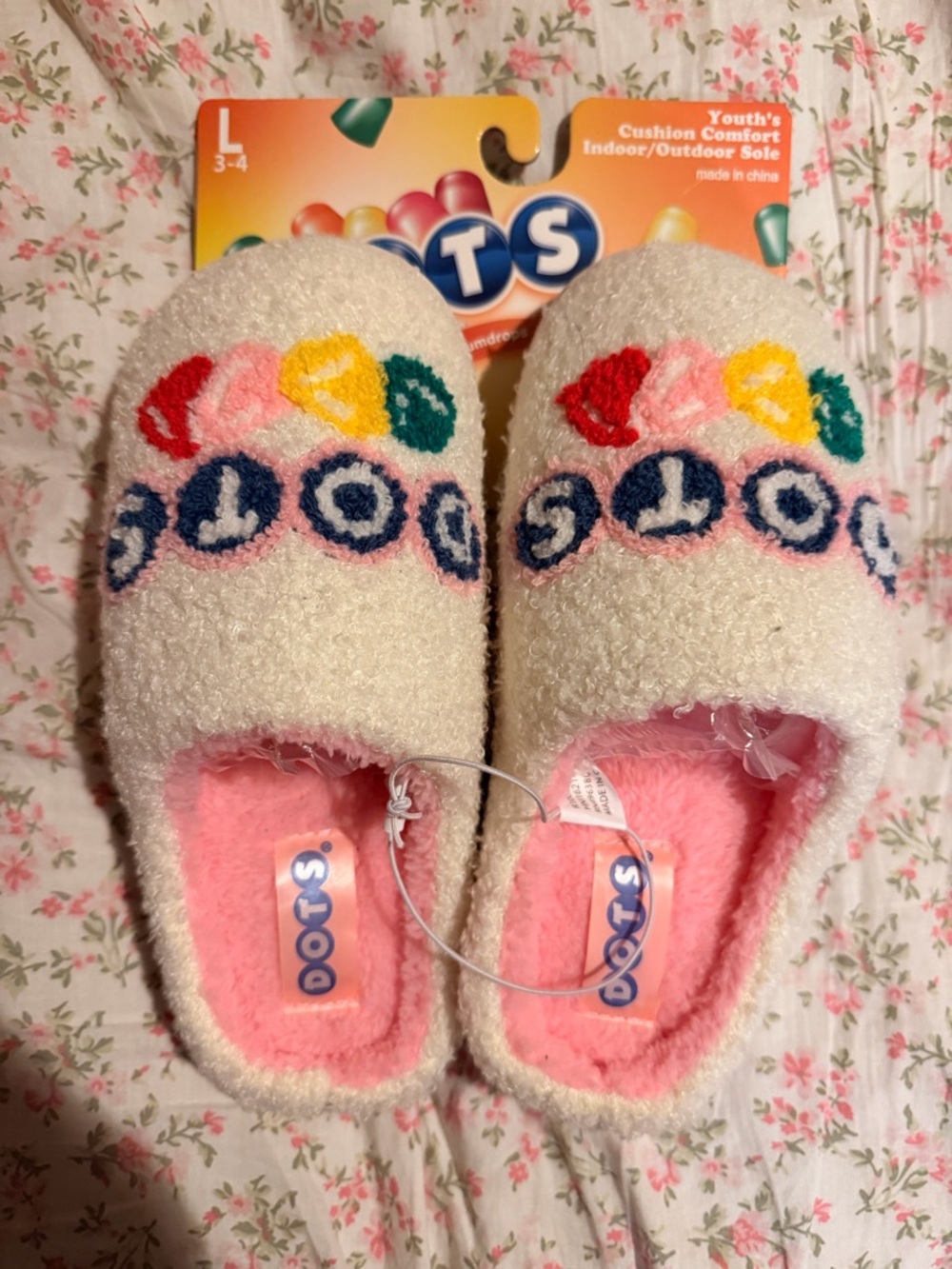 DOTS Kids' Plush Slippers with Pink Lining